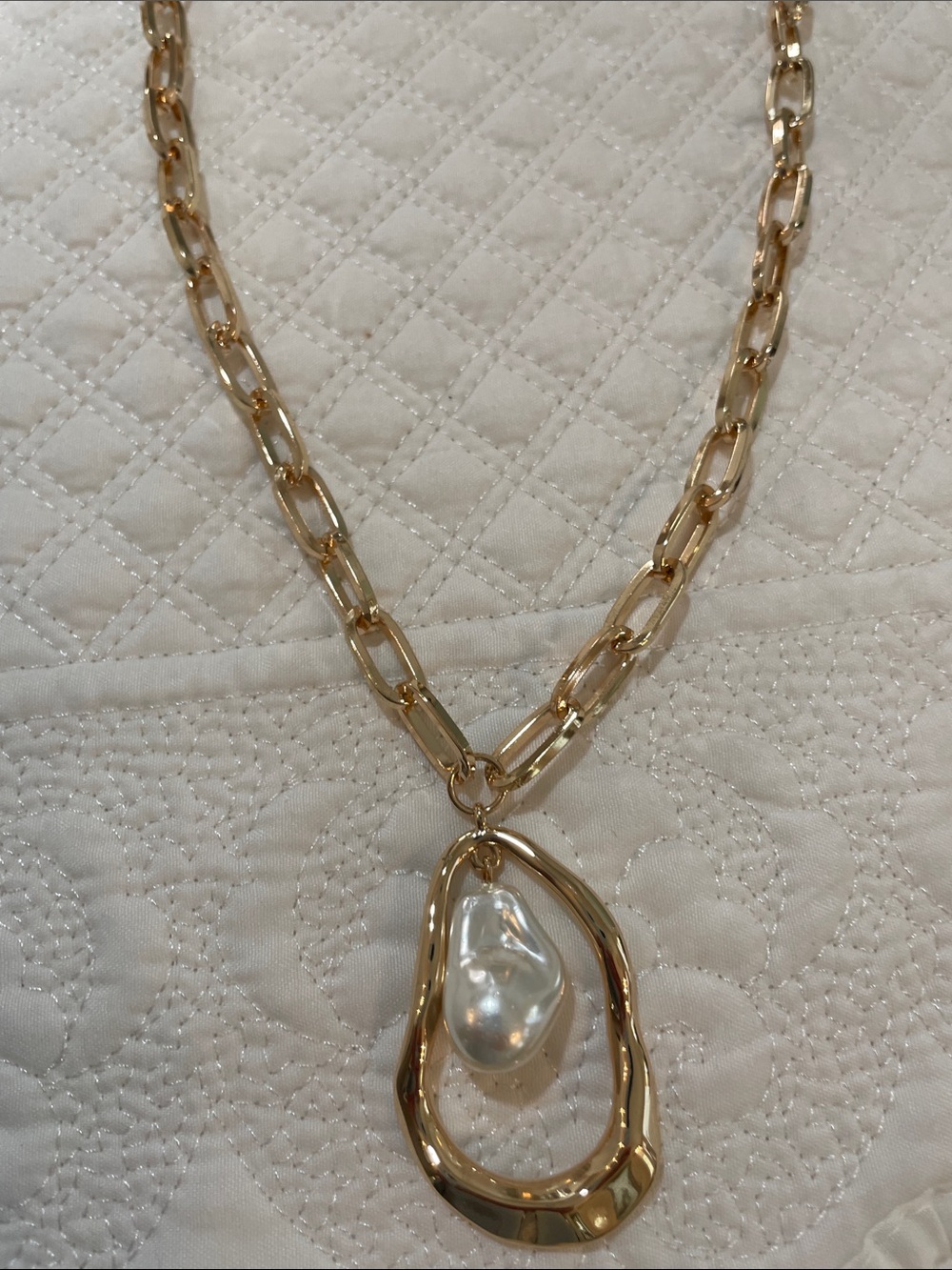 Camila Coelho Gold Link Necklace with White Irregular Pearl Pendant